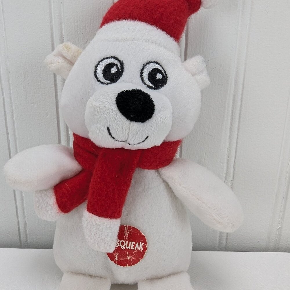 White Polar Bear Plush Dog Toy Squeaker Santa Hat Scarf 8" Plush Stuffed Animal